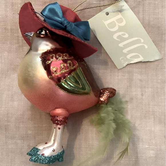 NWT Glass Blown Bird Christmas Ornament real tail feathers fabric hat - Picture 1 of 5